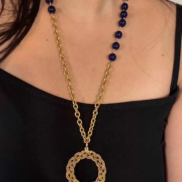 Chanel Vintage CC Blue Bead Gold Chain Pendant Necklace - Picture 1 of 9